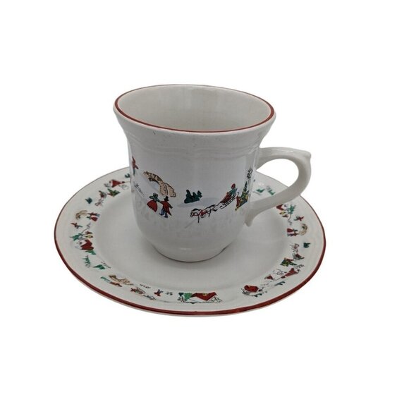 vintage Farberware White Christmas Snow Teacup And Saucer Coffee Mug set of 2 - Picture 5 of 9